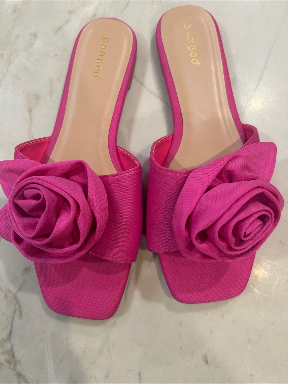 BAMBOO Women’s Hot Pink Slide Mules with Rose Applique. 8.5